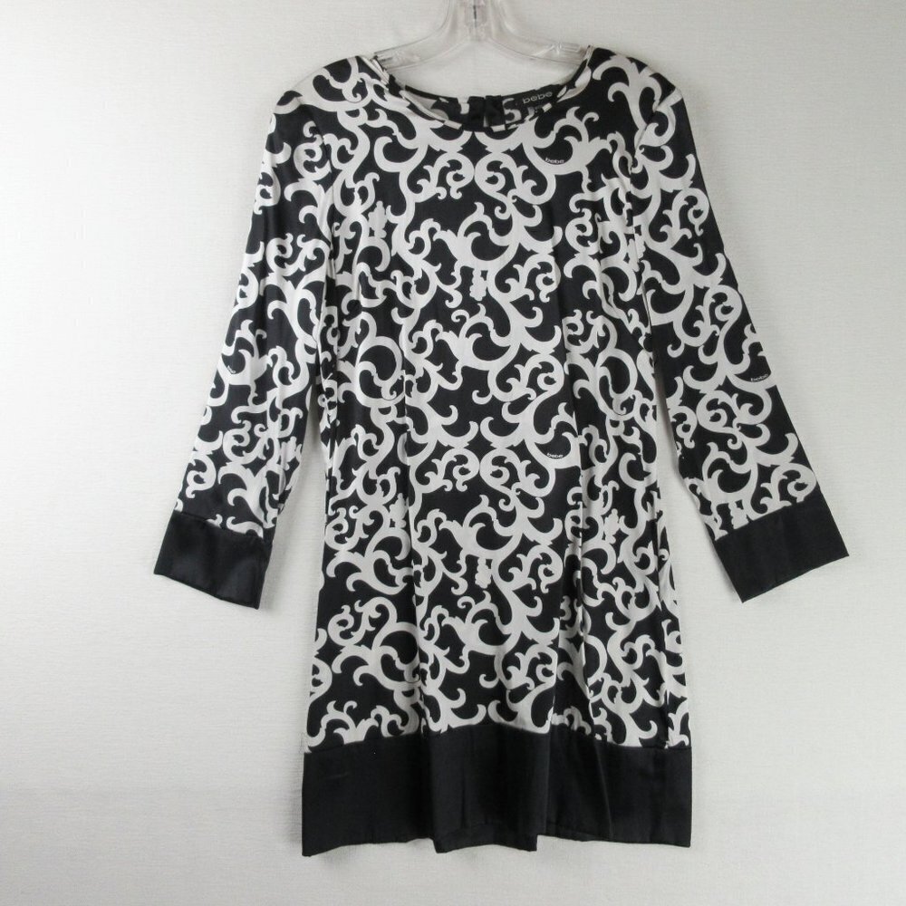 Bebe Silk Shift Dress Size M Black and White Abstract Long Sleeve
